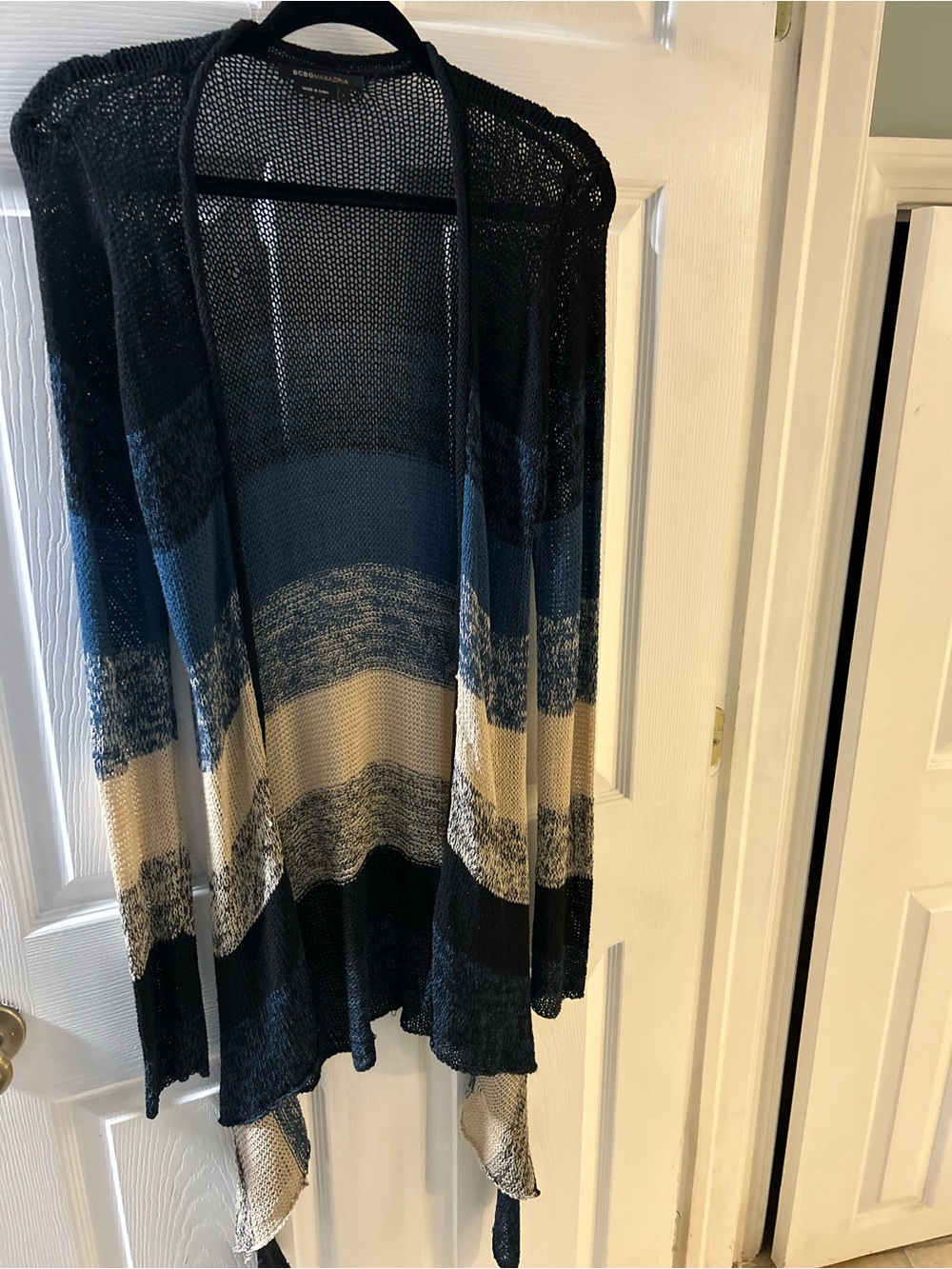 BCBGMAXAZRIA cardigan long open-front blue, black, cream striped knit size L